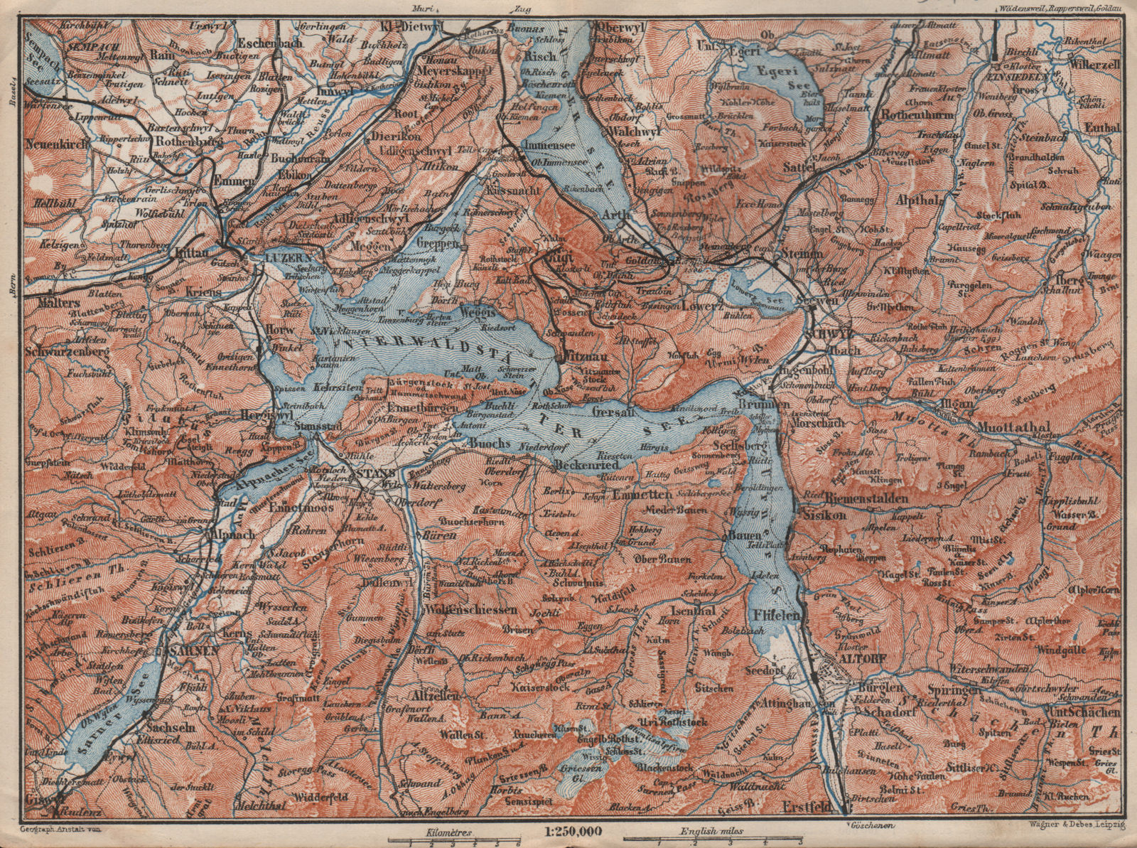 LAKE LUCERNE. Vierwaldstättersee. Luzern Engelberg Sarnen Altorf Stanz 1897 map